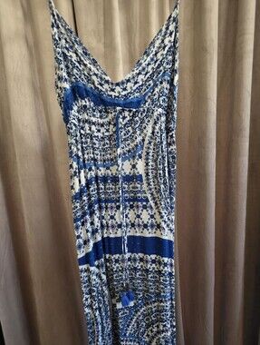 Love Stitch Blue White Boho Maxi Dress Tassel Tie Sleeveless Size S